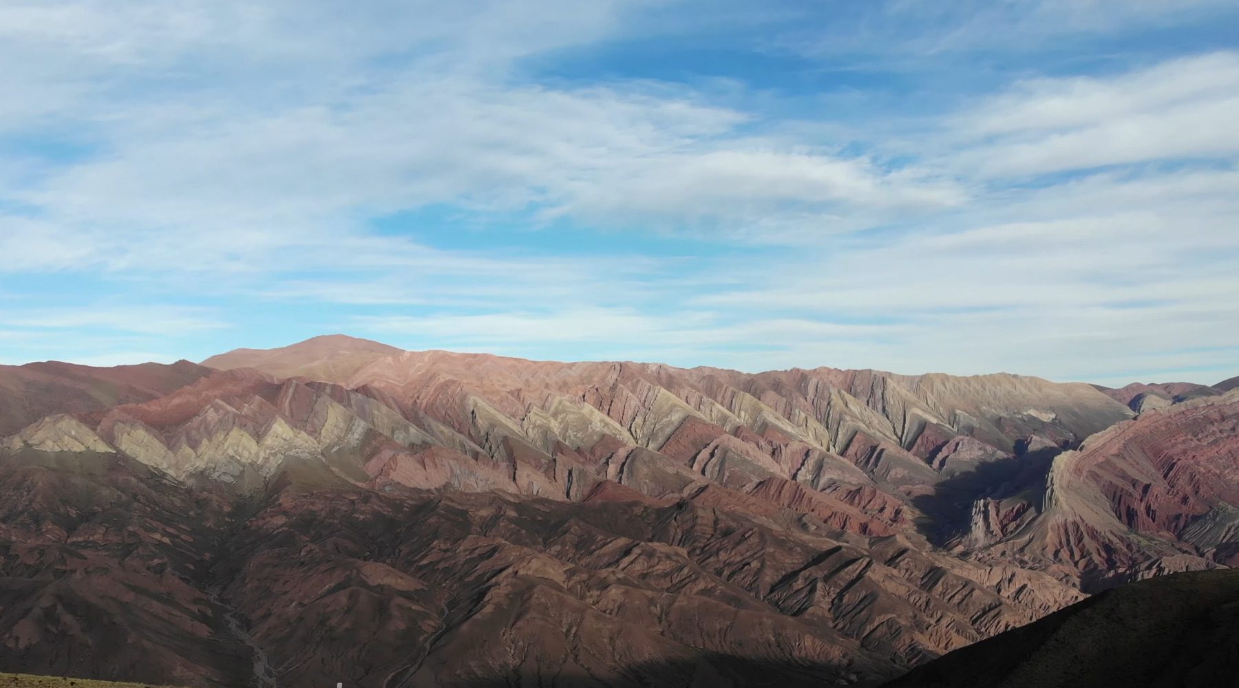 Layered multicolored mountain ridges at the Hornocal viewpoint in Jujuy